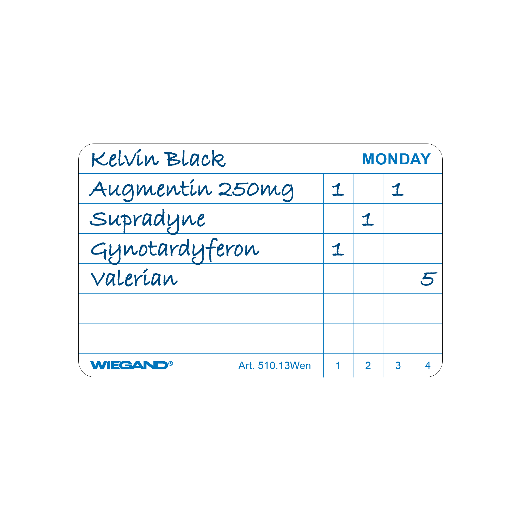 Etiketten für Medikation, mit Wochentagen, in Englisch