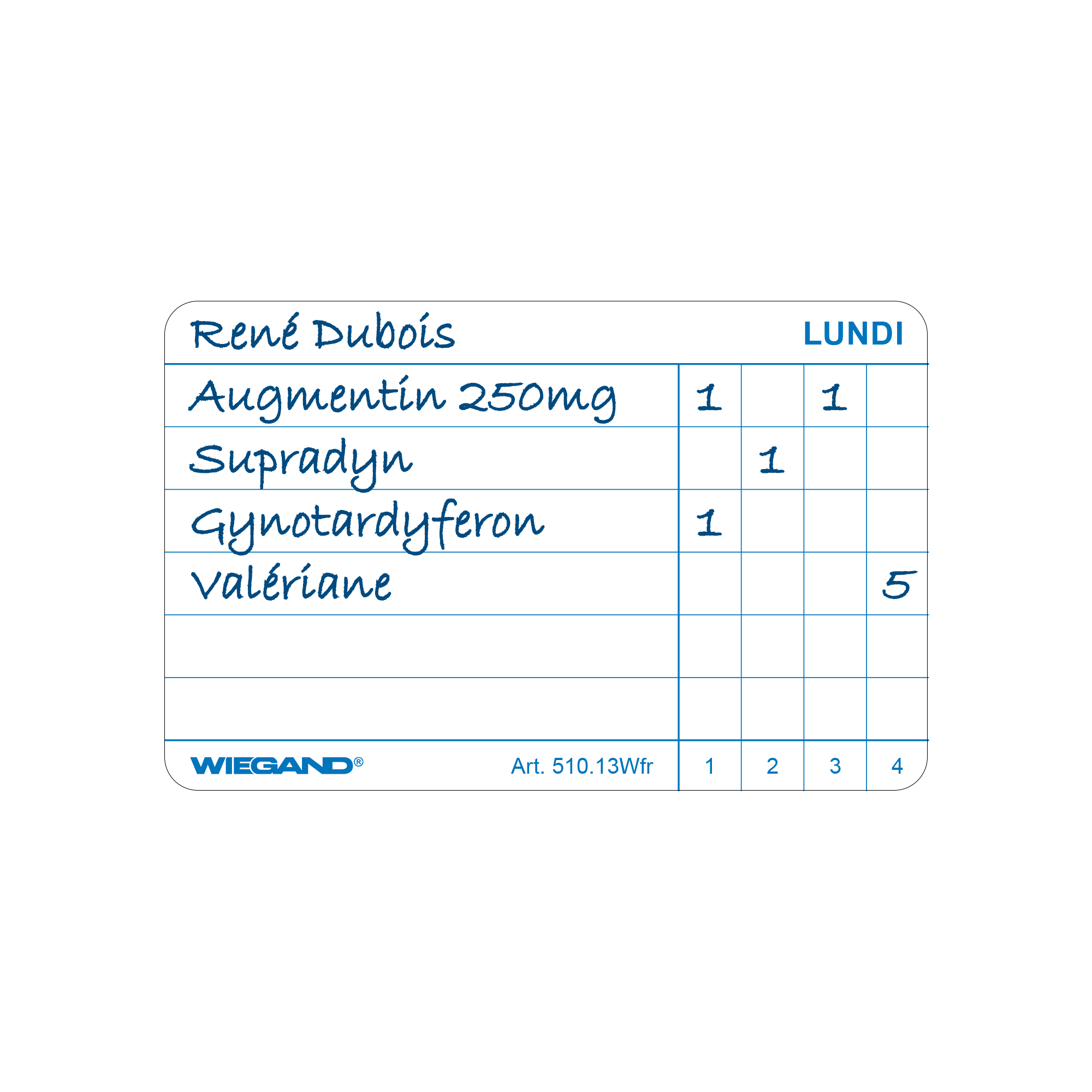 Etiketten für Medikation, mit Wochentagen, in Französisch